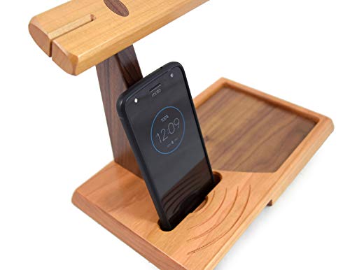 American Cherry Wood Valet Tray with Headphone Stand and Acoustic Phone Amplifier