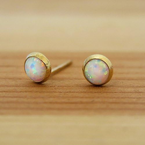 14K Gold White Opal Stud Earrings - 14K Solid Yellow Gold, 4mm October Birthstone Tiny Cute Opal Gemstone - Small Handmade Dainty Jewelry Gift for Young Women, Gift For Her