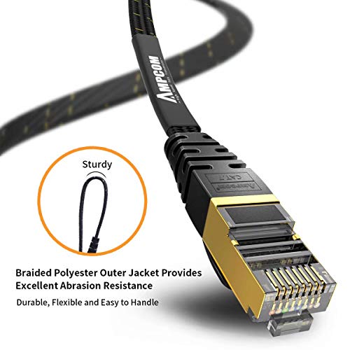 AMPCOM CAT7 Ethernet Cable (10G 600MHz), Shielded Flat RJ45 Network Patch Cord, 50u Gold Plated Lead, Polyester Braided - 16ft Black