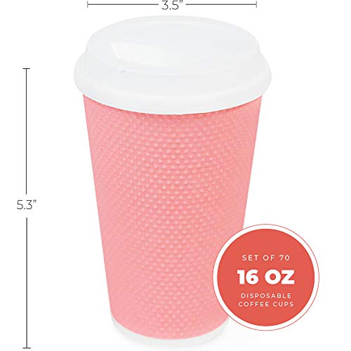 Glowcoast Disposable Coffee Cups With Lids - 16 oz To Go Coffee Cup With Lid (70 Set). Large Togo Travel Paper Hot Cups Insulated For Hot and Cold Beverage Drinks, No Sleeves Needed (Peach) - Thumbnail 2