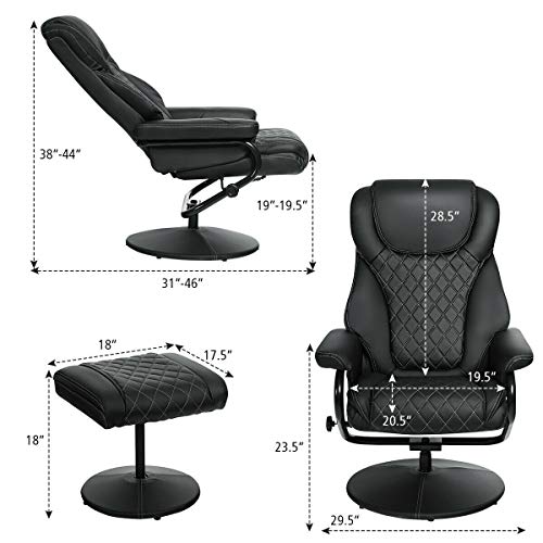 Black Recliner Massage Lumbar Chair Adjustable Swivel Couch Seat Cushion Ottoman Footrest Leather Upholstery Armchair with Ebook - Thumbnail 4
