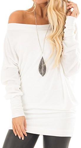 NuoReel Womens Casual Lightweight Off Shoulder Shirring Solid Dolman T-Shirt Drape Long Sleeve Blouse Top Clearance