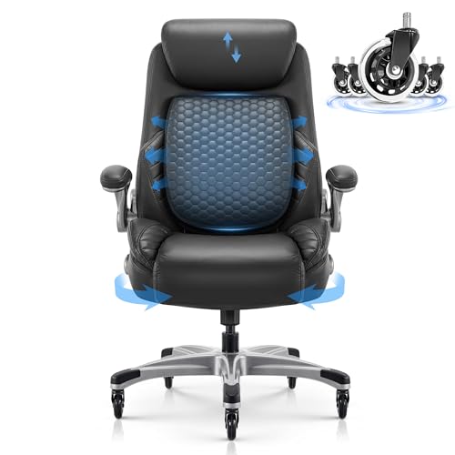 Office Chair Ergonomic Desk Chair with Pop-Out Lumbar Support, High Back Executive Chair, Upgraded Casters, Adjustable Headrest, Flip-Up Arms, Leather Home Chair with Thick Cushion for Comfort-Black - Image 9