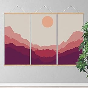 3 Panel Hanging Poster Wooden Framed Sun and Mountain Home Wall Canvas Prints Ready to Hang - 18"x36"x3 Panels