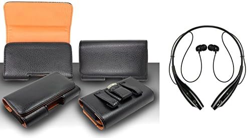 For LG L39C Optimus Dynamic II Premium Classic Black Pebble Texture Leather Belt Case Clip Holster Pouch (Fit for Phone With Slim Case Together) + Sports Neckband Bluetooth Stereo Headset