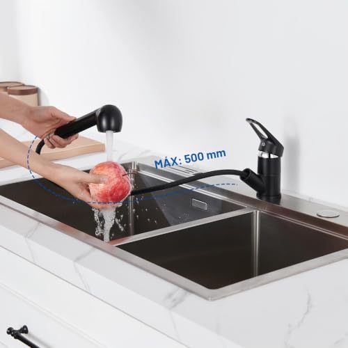 Auralum Kitchen Tap, Black, 360 Degree Rotation, Swivel Spout, Brass Single Lever Guarantee (Black Extendable Type E)