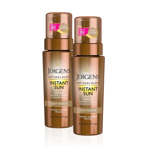 JERGENS NATURAL GLOW INSTANT SUN BODY MOUSSE, SELF TANNER FOR DEEP BRONZE TAN, SUNLESS TANNING BODY BRONZER FOR NATURAL LOOKING COLOR INSTANTLY, 6 OZ, PACK OF 2