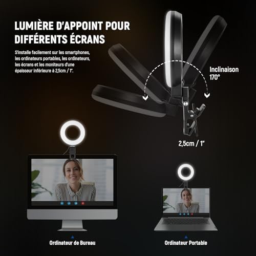 Basics Ring Light 5" avec Mini Trépied pour Vidéoconférence,Kit Streaming à Clipser pour Moniteur,Webcam,Ordinateur Portable Maquillage Selfies Enregistrement Vidéo Chiffon Nettoyage, BR60