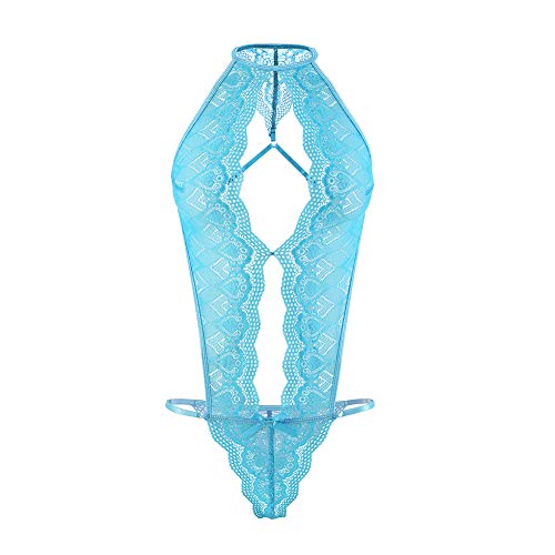 EROMATE Women Sexy Lingerie Set Full Lace Bodysuit One Piece Mini Teddy (Blue)