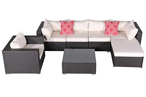 Do4U 7 Pieces Outdoor Patio PE Rattan Wicker Sofa Sectional Furniture Set Conversation Set- Beig ...
