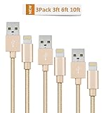 iPhone Charging Cable Novtech 3pack 3ft 6ft 10ft Durable Nylon Braided Lightning Cable for iPhone 7 7 Plus 6s 6s Plus 6 6 plus 5s 5c 5 iPad Air iPad mini iPod (gold)