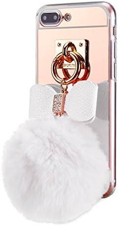 iPhone 8 Plus Case, iPhone 7 Plus Case for Girls, Cute Fashion Fluffy Fur Ball Bowknot with Ultra Slim-Fit Anti-scratch Mirror Back TPU Case Cover for iPhone 7 Plus(2016)/iPhone 8 Plus(2017)(White)