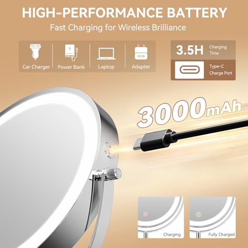 Auxmir 1X/30X Magnifying Mirror with Light, 9” Adjustable Height Makeup Mirror, Rechargeable Lighted Mirror with 3 Color Modes & Dimmable, Double Sided Vanity Mirror for Shaving, Tweezing