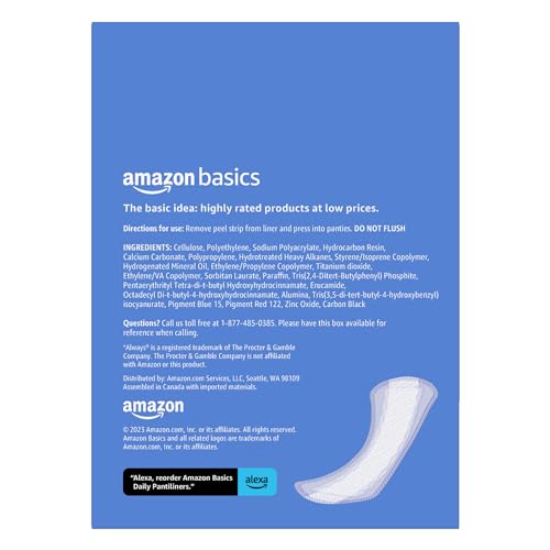 AMAZON BASICS DAILY PANTILINER, REGULAR LENGTH, THIN ABSORBENT FEMININE PADS FOR WOMEN, UNSCENTED, 50 COUNT (PREVIOUSLY SOLIMO)