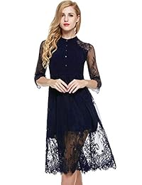 Vestido a media pierna de manga larga con botones y encaje floral de keliqq para mujer