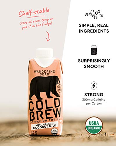 Wandering Bear Organic Cold Brew Coffee On-the-Go 11 oz Carton, Mocha With Splash of Coconut Milk, No Sugar, Ready to Drink, Not a Concentrate (Pack of 6)