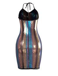 VWIWV Vestido sexy y brillante con lentejuelas arcoíris para mujer, vestido Halter Midi sin espalda para cóctel, fiesta