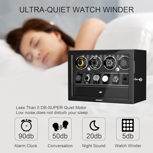 DUKWIN Watch Winder for 2/4/6/8 Automatic Watches with Key Lock, 3/6 Extra Watch Storages,4 Rotation Modes, LED Light, Super Quiet Motor, Spring Watch Pillows for Men＆Women