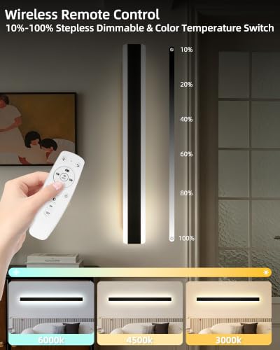 niuniaj Long Indoor LED Wall Light with Remote Control, Dimmable 10%-100%, 3000K/4000K/6000K, Wall Lamp, Modern Wall Light for Terrace Hallway Entrance Villa, 60 cm/15 W, Black | Regulable 10%-100%,3000K/4000K/6000K,Lámpara de Pared Moderno para Terraza Pasillo Entrada Villa,15W,Negro