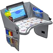 Kids Travel Tray for Car Seat with Dry Erase, Cup/iPad/Holder, 16x12 (Gray)