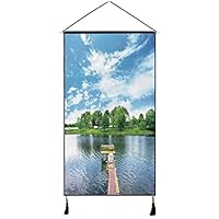 DJKMI Landscape Stylish Hanging Poster,Photo Taken from a Wooden Dock Towards The Sea and Forest Sky Calm Lake Print for Living Room Bedroom,13" W x 47" H