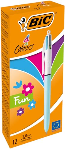 BIC 4 Colours Fun Pastel Barrel Ballpoint Pens, Multicolour Ink, Box of 12