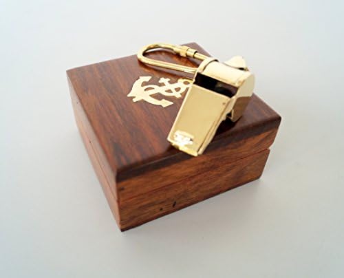 Vintage Solid Brass Scout Whistle Key Chain Key Ring With Wooden Box Collectible Halloween Gift