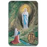 SHERMAN Our Lady of Lourdes Laminated Catholic Prayer Holy Card with Medal and Prayer on Back