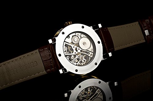 Sewor Men\'s Teampunk Trasparent Skeleton Analog Leather Mechanical Wrist Watch (Gold)