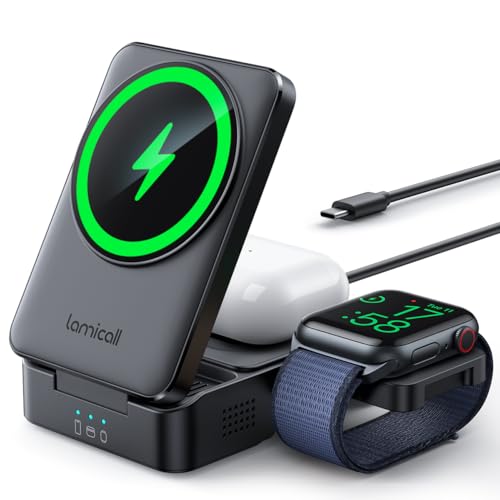 Lamicall 3 in 1 Charging Station for Apple - Foldable Wireless Charger Stand for Mag Safe Portable, Travel Wireless Charger Station for Multiple Devices