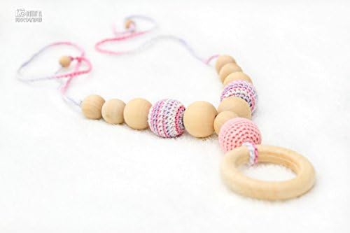 100% Organic Nursing breastfeeding necklace with wooden ring pendant - pastel baby pink, white, lilac natural wooden beads