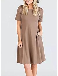 Lunyu Womens Work camiseta informal vestido manga corta de verano color sólido medio vestidos con bolsillos