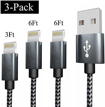 Snaok Cable 3 Pack (3FT, 2X 6FT), Extra Long Nylon Braided Charging Cord Lightning Cable to USB Charger for iPhone 7, 7 Plus, 6S, 6, SE, 5S, 5, iPad, iPod Nano 7 …