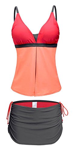Women's Summer V-Neck Tankini Two-Piece Skirtini Swimsuits Swimwear Bikini Set Pink Orange Coral XL