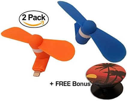 2 pack 8-pin Mobile Cell Phone Fan Portable Rotating Fan for Apple iPhone(Blue &amp; Orange) + A FREE Bonus - Multi-Function Holder Expanding Stand Grip