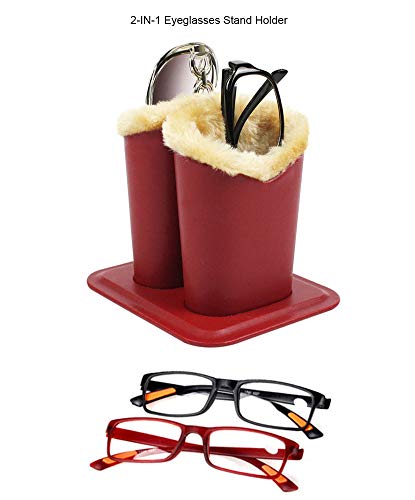 JAVOedge [2 in 1] Double Soft Plush Lining Eyeglass Stands holder Case For Desks Or Nightstands, Brown - Thumbnail 4
