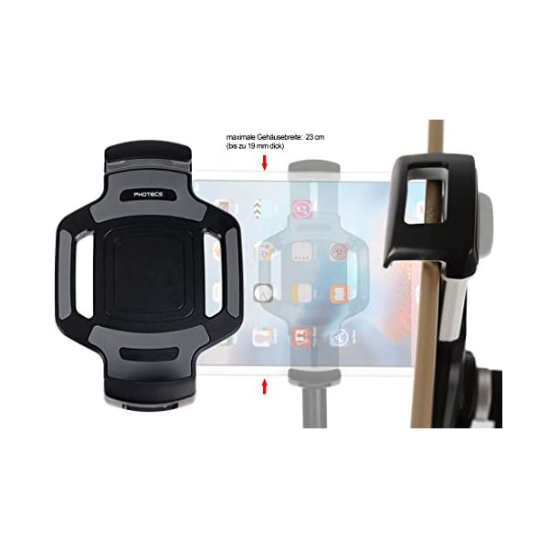 PHOTECS® Universal Tablet-Halterung Pro V3, Befestigung & Halter f. iPad Pro 12.9" oder andere Tablet PC von 6 bis 14 Zoll z.B. an Stativ-Rohren, Notenständer, PKW-Kopfstütze, Ergometer etc. – Bild 5