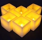FESTIVE FLAMELESS WAX CANDLES by LED Lytes, 6 Amber Yellow Flickering Faux Square Battery Operated Electric Lights, Fake LED candle for Weddings, Parties and Awesome Gifts