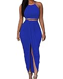 Womens Sexy Cotton Sleeveless Slit Two Piece Maxi Skirt Set L Royal Blue