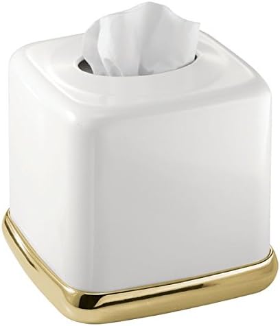 mDesign Tissue Box Holder - Square - Tissue Box Cover for The Bathroom - Premium Metal - Car Tissue Box - Modern and Minimalist Design - White with Gold Accents