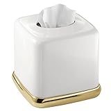 mDesign Facial Tissue Box Cover/Holder for Bathroom Vanity Countertops - White/Soft Brass