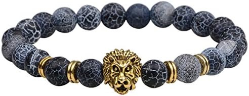 Adorable Woman Men Women 8mm Lava Rock Chakra Beads Bracelet Elastic Natural Stone Agate Bracelet Bangle,Lion Head
