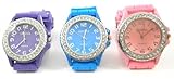 Pink Blue Purple 3 Pack Geneva Crystal Rhinestone Large Face Watch with Silicone Jelly Link Band