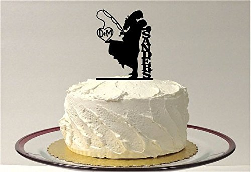 MADE IN THE USA Personalized Fishing Wedding Cake Topper With Initials & Last Name, Fishing Cake Topper, Fishing Themed Wedding Cake Topper, Bride and Groom Fishing Cake Topper Silhouette Fish