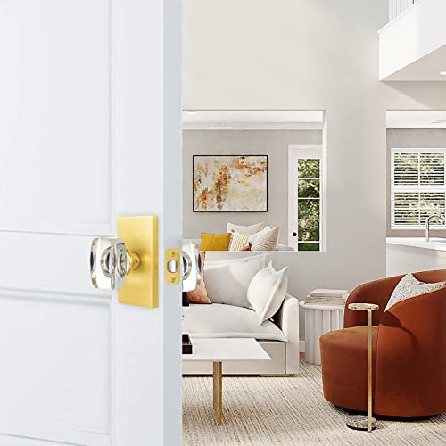 HIEMEY Passage Glass Door Knobs Interior, Gold Crystal Door Knobs for Hall, Satin Brass, BS018