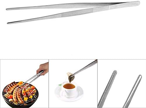 Tweezers Tongs - BESTGIFT Cooking Utensils Precision Stainless Steel Silver Long Food Tongs Straight Home Medical Tweezer (1Pcs)