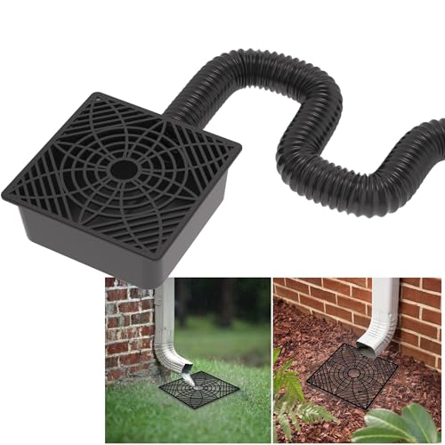 Gutter Downspout Extension Kit - Low Profile Catch Basin With Flexible Drain Pipe, Dual Drain Holes, UV Resistant Polypropylene, Black