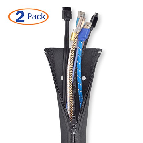 Cable Management Sleeve by Conwork Flexible Neoprene Waterproof Cord Wrap & Zip-up Cover Wire Organizer Protector for TV / Computer / Office Desk / Home Entertainment [2-Pack 20-inch]