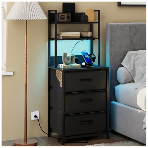 Simple Wisdom Buros para recamara -Mesita De Noche de 6 Niveles,3 cajones Mesa Auxiliar con Estación De Carga de 2 enchufes y Puertos USB y Tira de luz LEDcajón de Tela de Cuero*3. (Negro)