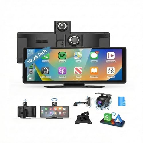 10.26 Inch Car Play Screen Car Play for Wireless Car and Android Car, 4K Dash Cam, Support 1080P Rear View Camera, IPS Touch Car Screen, Mirror Link, BT/FM/AUX, TF 64GB, Plug and Play 12V/24V